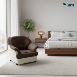 Brown and beige leatherette single seater sofa chair in modern bedroom by Furo Furniture.