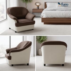 Brown and beige leatherette single seater sofa chair in modern bedroom by Furo Furniture.