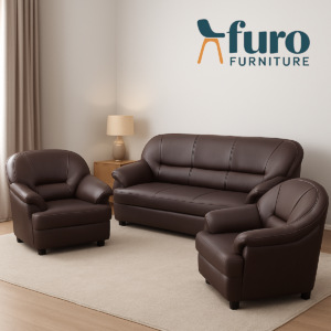 Brown fabric 3 seater sofa set with two single chairs in living room