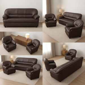 Brown fabric 3 seater sofa set with two single chairs in living room