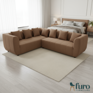 Brown L shape fabric sectional sofa with cushions in modern living room