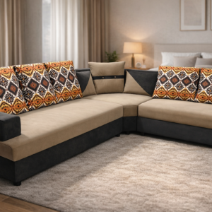 Beige and brown fabric L shape family sofa with printed cushions by Furo Furniture