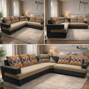 Beige and brown fabric L shape family sofa with printed cushions by Furo Furniture