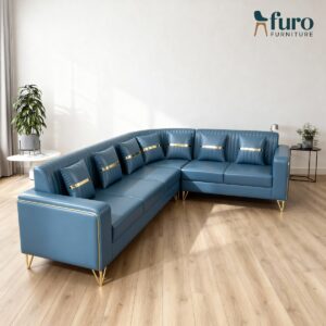 Blue luxury L shape sofa with gold accents by Furo Furniture