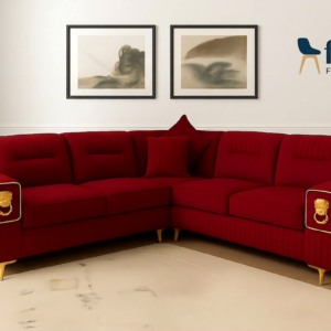 Luxury L-shape designer sofa with maroon fabric and gold accents by Furo Furniture