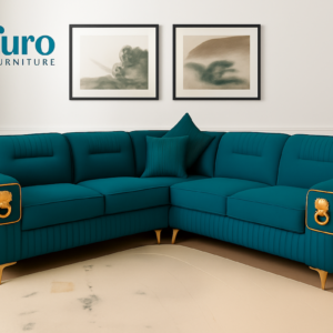 Luxury L-shape designer sofa with teal fabric and gold accents by Furo Furniture