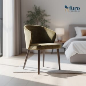 Modern olive velvet single seater accent chair with curved armrest design by Furo Furniture.
