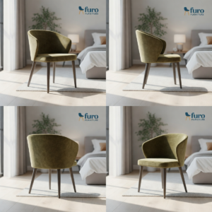 Modern olive velvet single seater accent chair with curved armrest design by Furo Furniture.