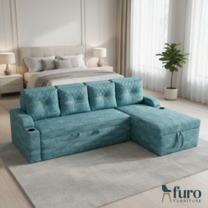 Teal storage L shape sofa cum bed with cup holder by Furo Furniture