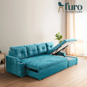 Teal storage L shape sofa cum bed with cup holder by Furo Furniture