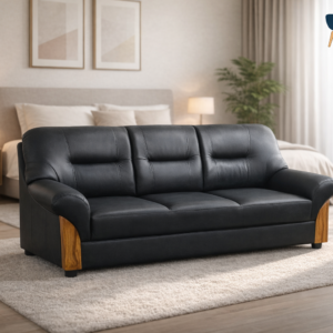 Classic ebony black 3 seater sofa by Furo Furniture with wooden side accents
