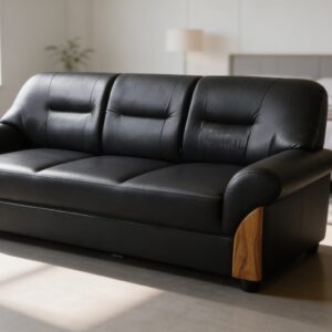 Classic ebony black 3 seater sofa by Furo Furniture with wooden side accents
