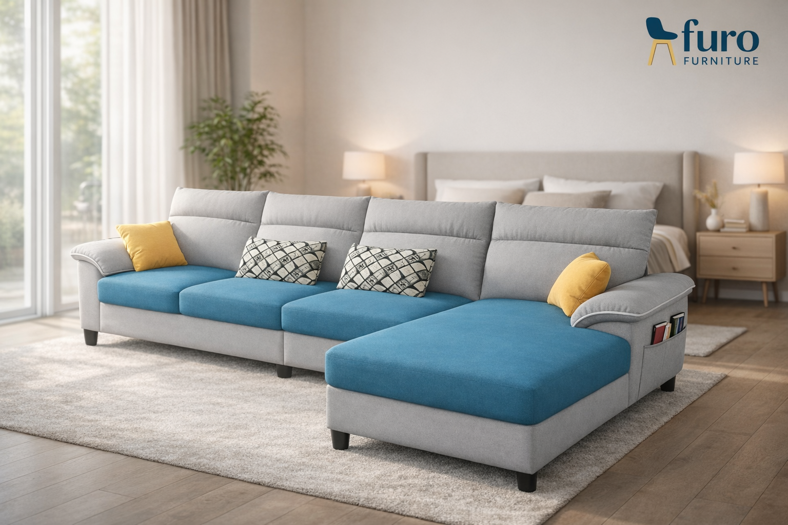 furo-furniture-l-shape-sofa-grey-blue Grey and blue modern sectional sofa for living room