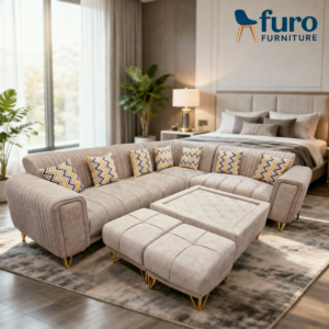 Furo Furniture luxury L shape corner sofa set with ottoman and center table